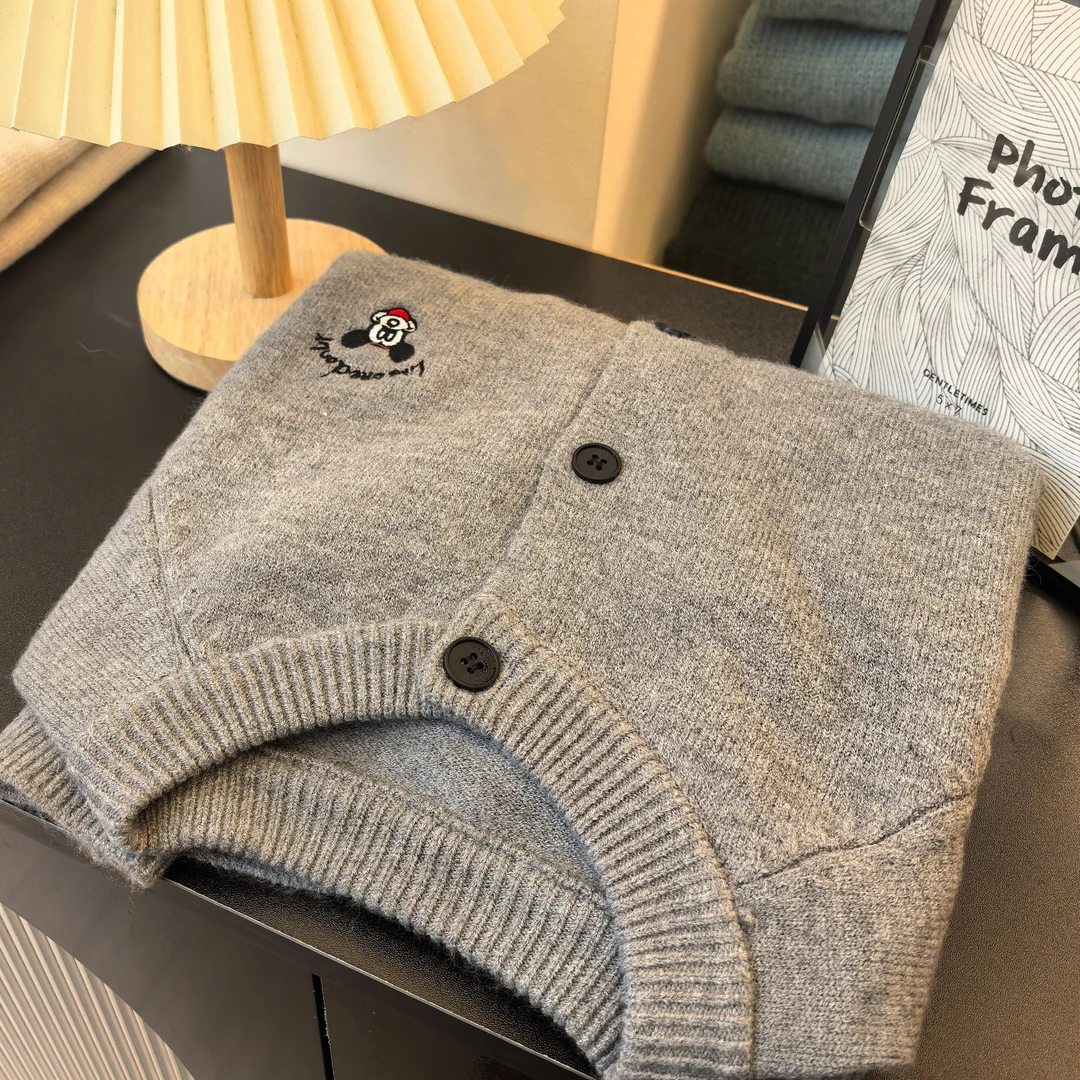 灰色纯色基础百搭刺绣米奇简约韩系针织开衫女