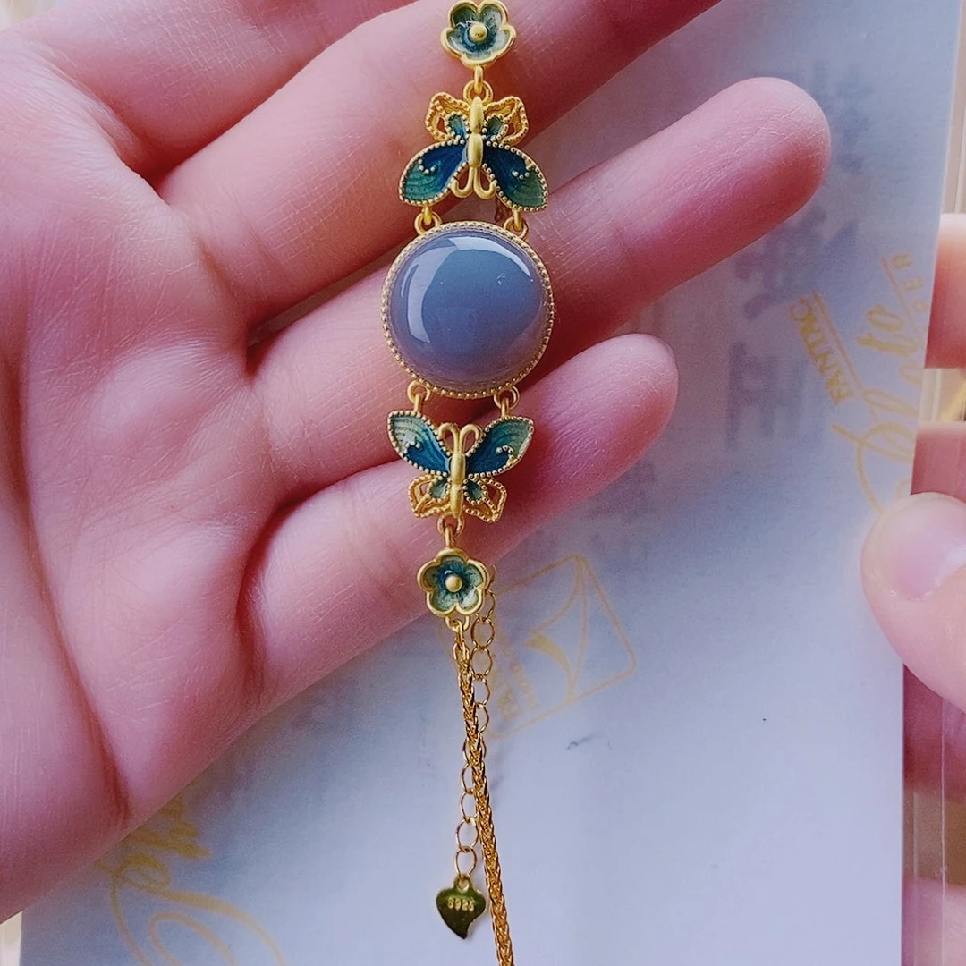 和田玉手链银S925镀金镶嵌