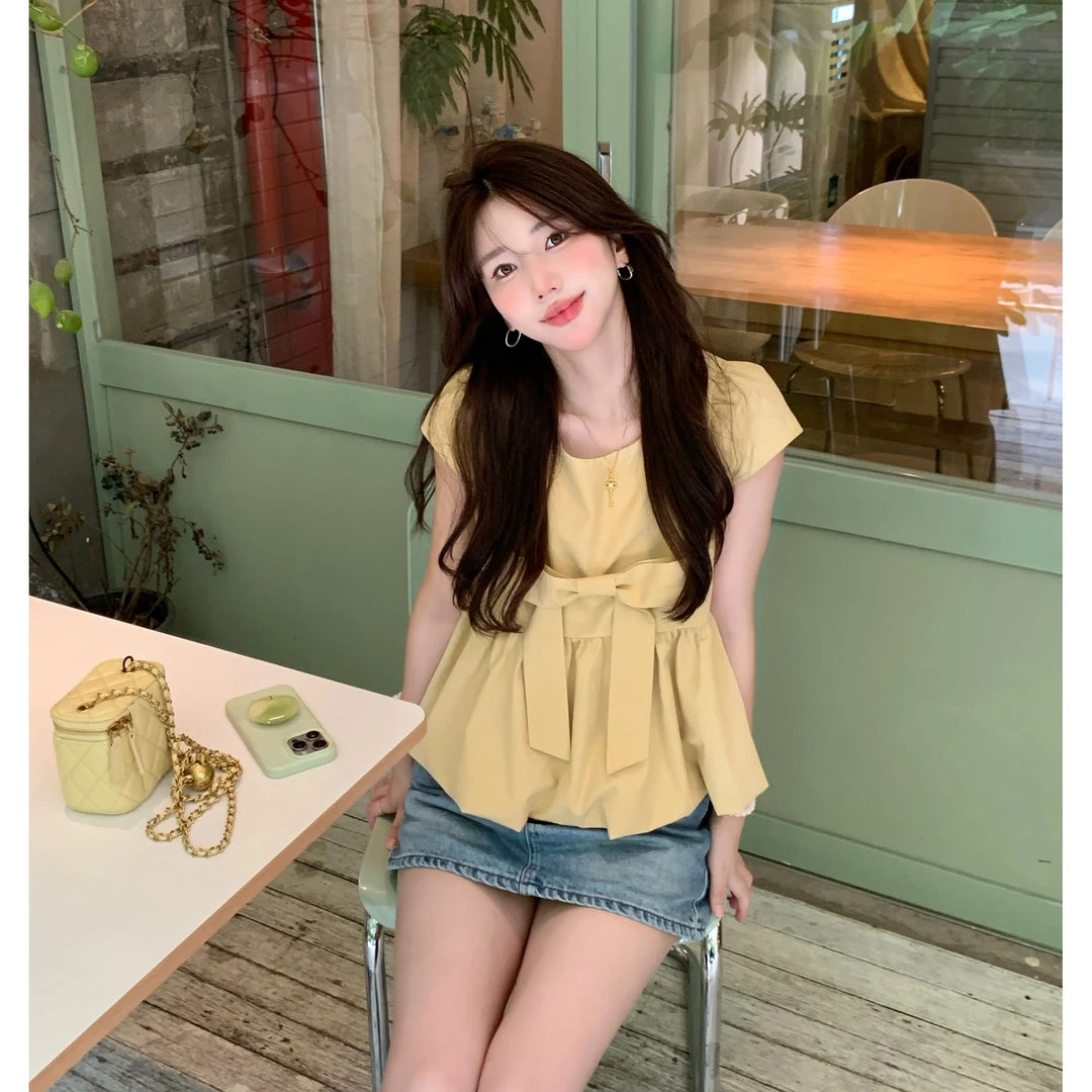 Berry 喜你而欢大庞定制 蝴蝶结泡泡袖南瓜衬衫宽松百搭圆领上衣