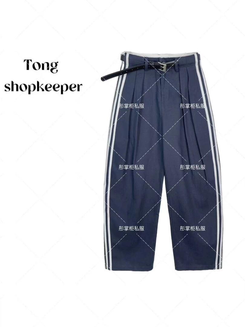 QJ/彤掌柜1681572 春款25天丝亚麻裤高级褶皱条纹拼接腰带休闲裤