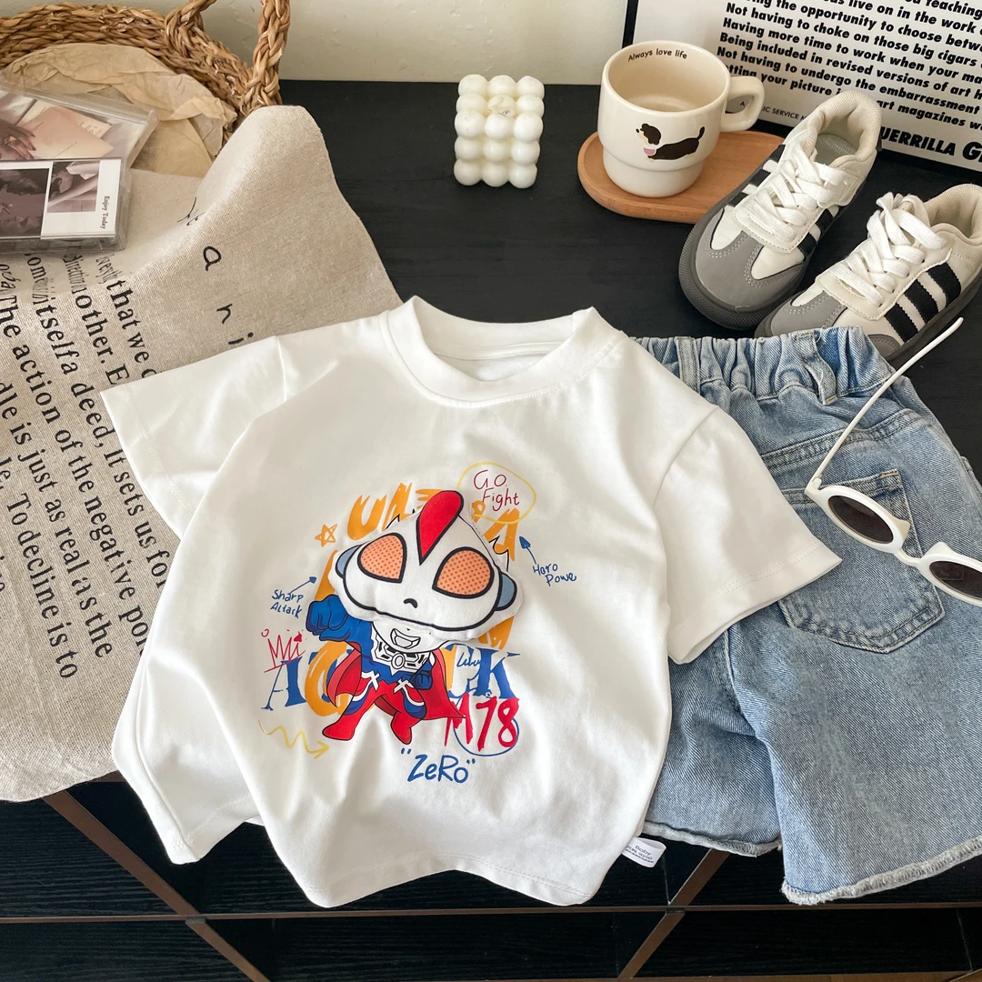 A类【立体玩偶】儿童T恤夏装2025亲子新款宽松韩版卡通双纱纯棉短袖