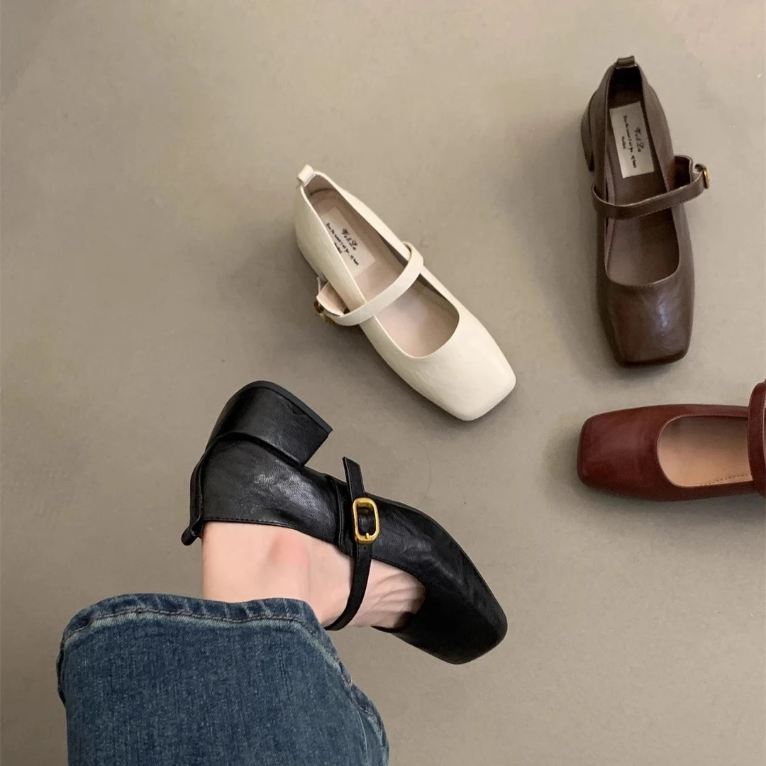 Vintage复古方头浅口粗跟单鞋女春秋新款法式晚风仙女软皮玛丽珍