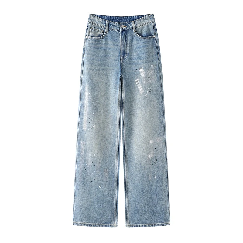 商场同款2025春季新款高腰阔腿烫钻牛仔裤长裤女50223238