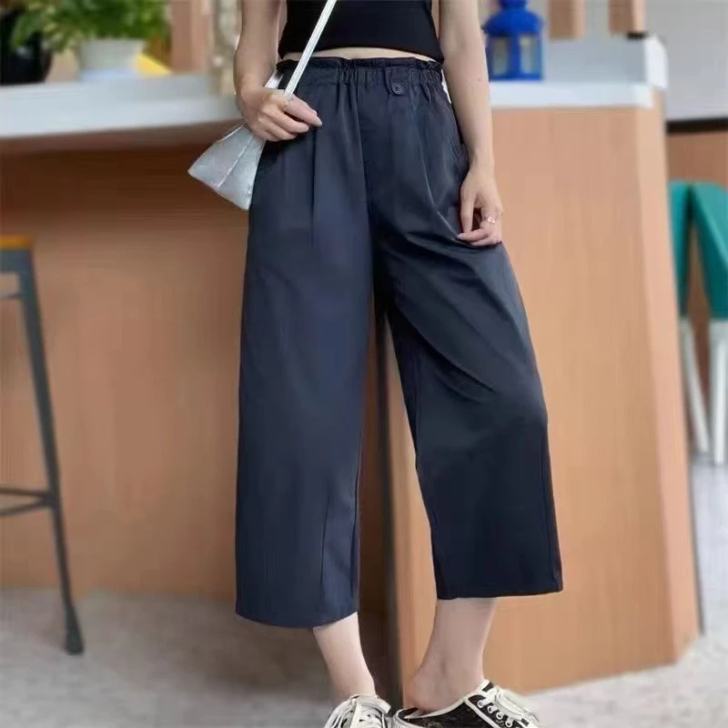 夏季休闲裤藏青色裤子女款阔腿裤短裤显瘦垂感百搭