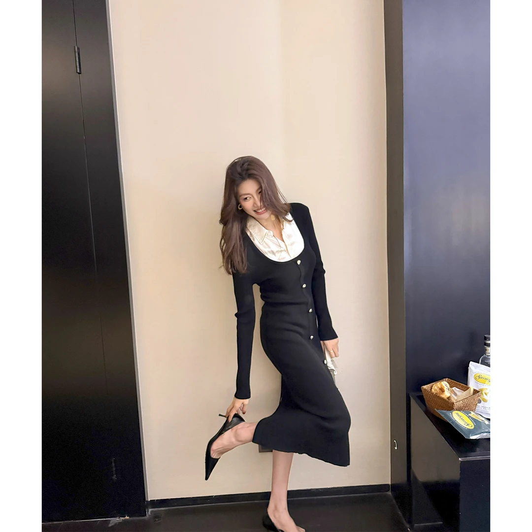 【ALONESAVOR】龍喜儿叠语 绝美撞色假两件翻领连衣长裙D431