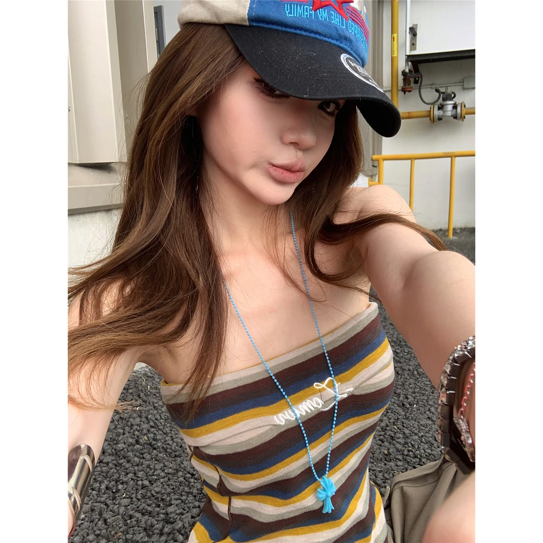 超火！条纹抹胸显瘦露背背心女美式复古工装裤宽松阔腿休闲裤