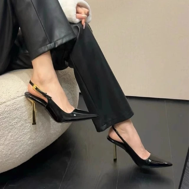 高跟鞋女2025年新款百搭细跟一字带御姐性感黑色漆皮包头凉鞋秋冬