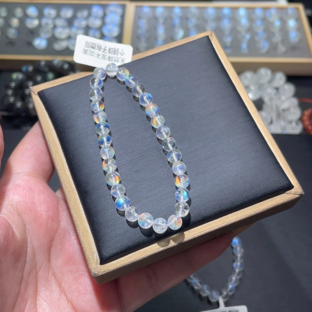 柚****长石手链未镶嵌马岛幻彩月光石手链6.2mm