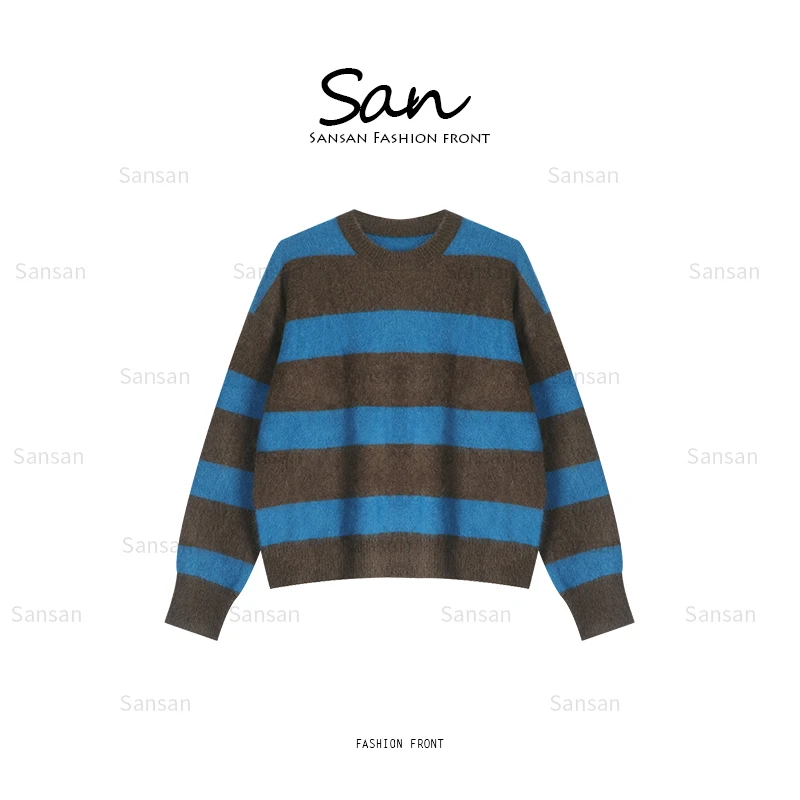 【SANSAN】秋冬保暖撞色条纹套头圆领宽松气质上衣DY-80172