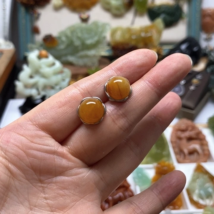 蛇纹石玉银S925镶嵌耳钉