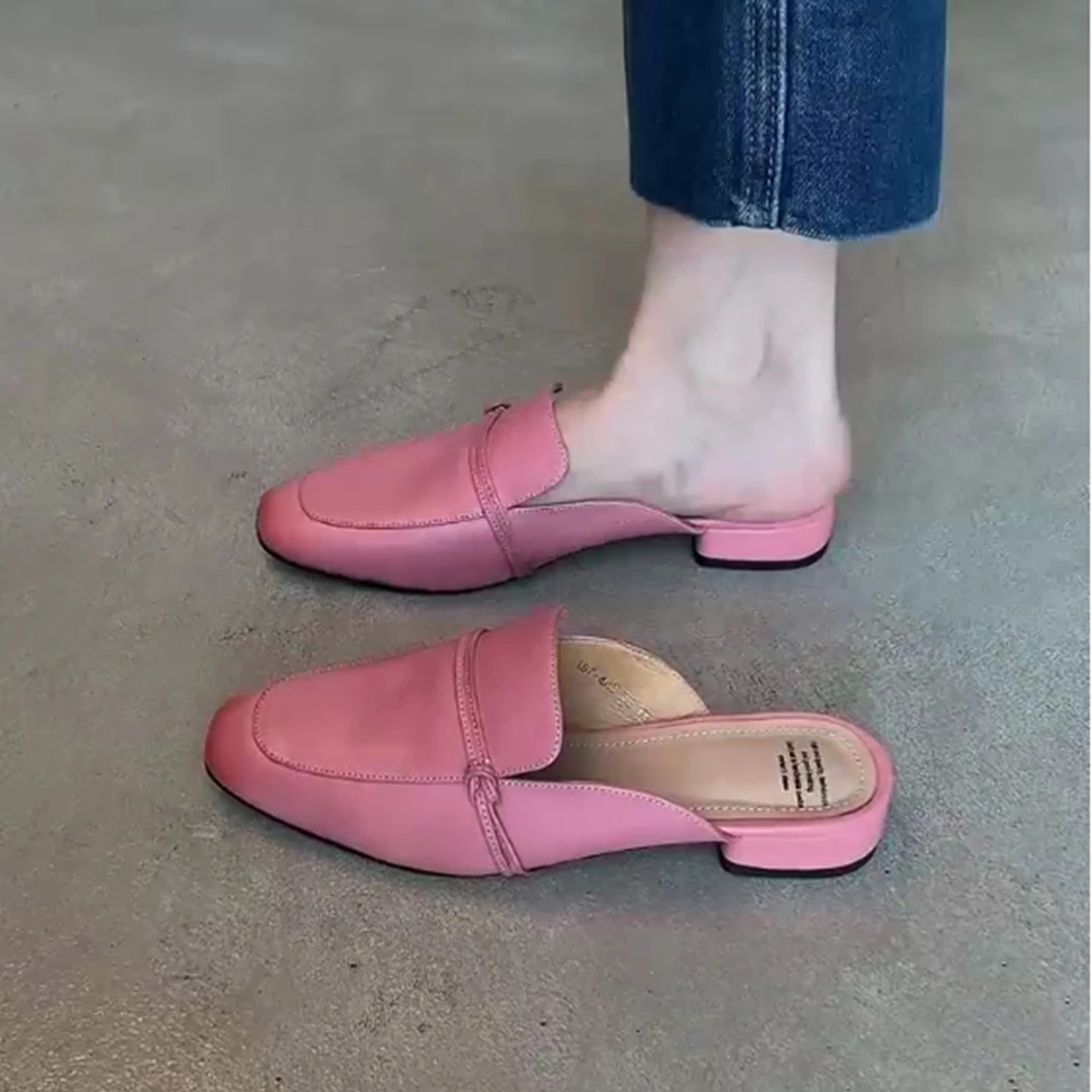 2.5cm牛皮粗跟包头夏季低跟英伦平跟方头凉鞋低跟(1-3cm)包头拖