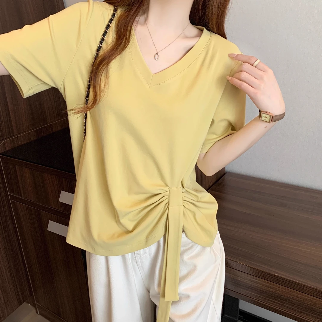 不规则系带大码女装胖mm正肩短袖t恤女夏季宽松遮肚子显瘦V领上衣