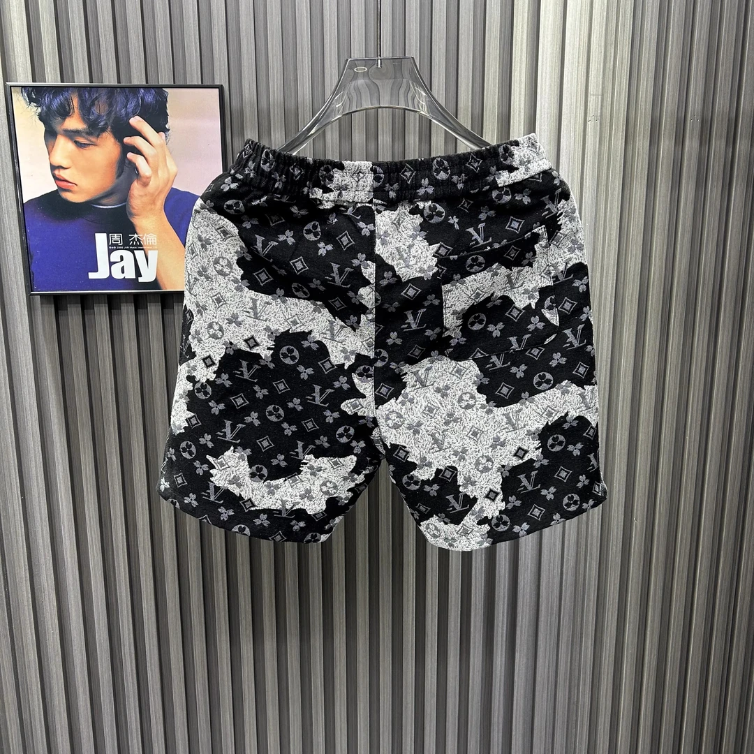 欧洲站夏季复古老花泼墨晕染印花五分裤不规则撞色短裤重磅痞帅男