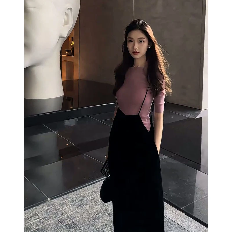 2025夏季新款韩系穿搭修身薄款圆领T恤上衣宽松丝绒背带阔腿长裤