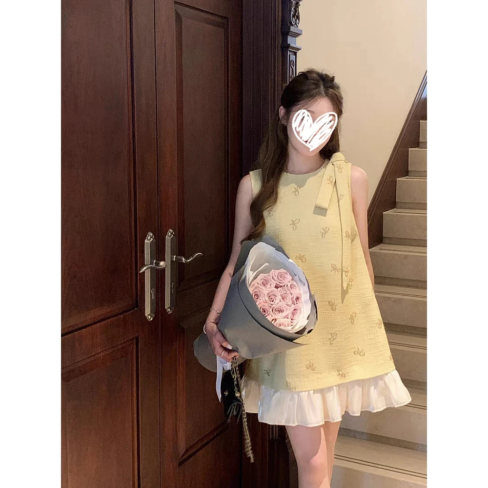 FRVXO MIU系千金风蝴蝶结飘带无袖连衣裙女夏季小香风短裙女