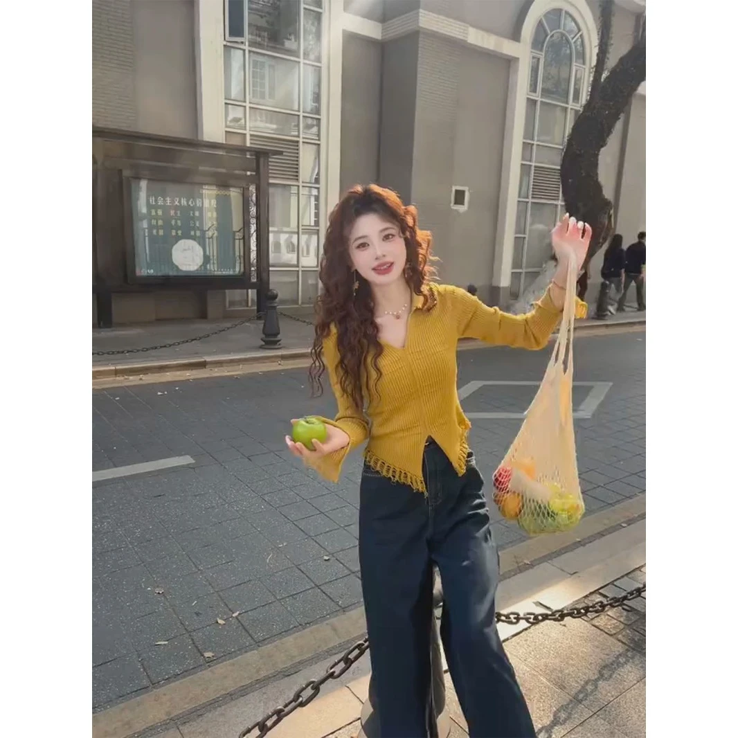 韩系开叉设计感小众长袖百搭针织衫女春短款v领修身显瘦长袖上衣