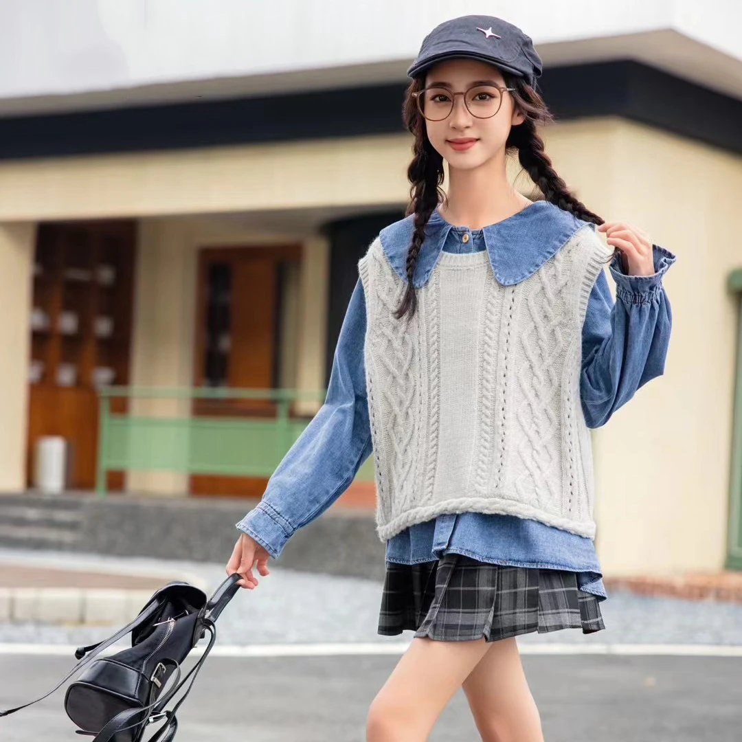 春秋韩版女童套装休闲百搭针织毛衣开衫+牛仔长袖衫两件套-YHA166
