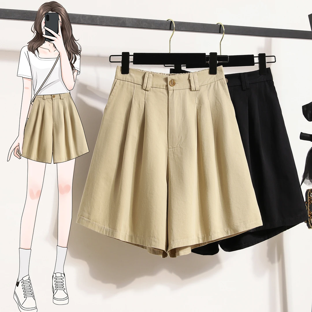 大码女装洗水棉夏季透气高腰A字宽松显瘦休闲百搭五分阔腿短裤女