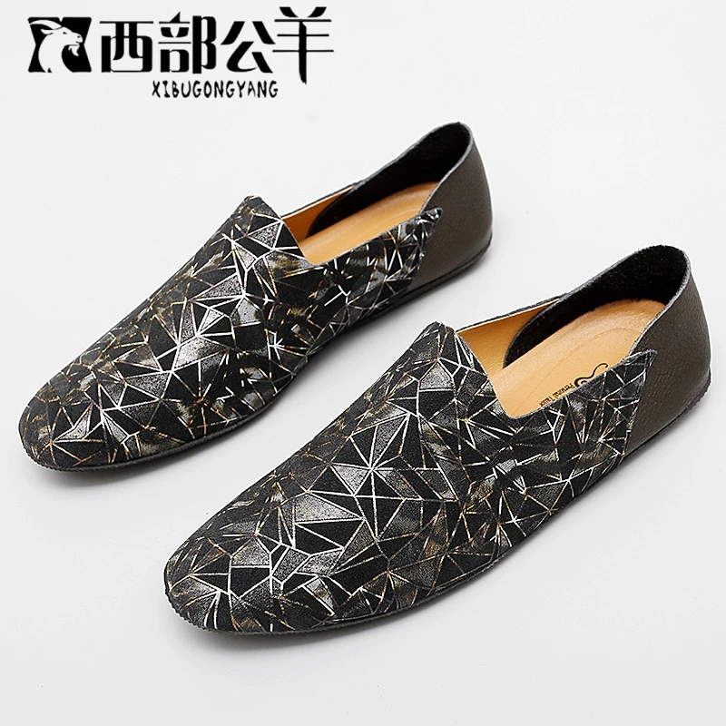 西部公羊春季新款时尚豆豆鞋男皮质软底一脚蹬懒人轻便软皮休闲