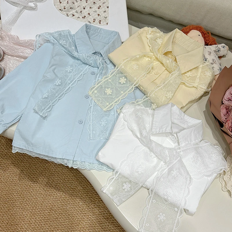 【橘子家】现货~女童纯色衬衫两件套春款蕾丝搭肩衬衣套装HS61141