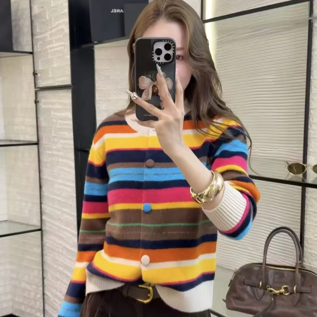 欧货2025早秋新款圆领彩虹条纹针织开衫女宽松显瘦百搭毛衣4150