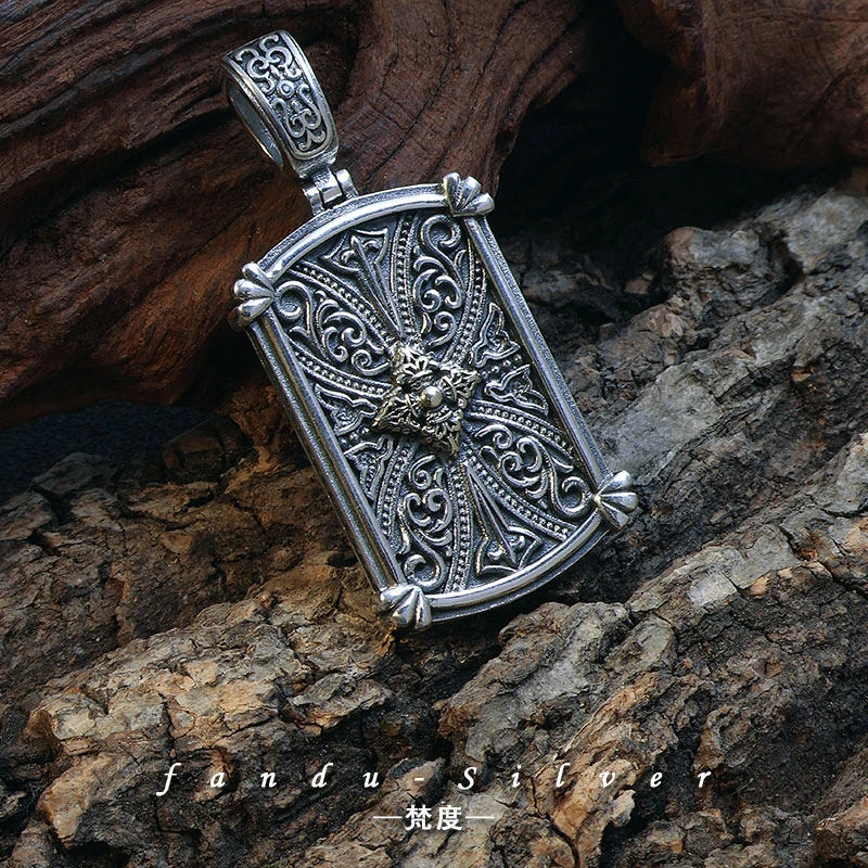 吊坠925银 纯银s925开口金刚杵唐草纹方牌双面实心复古做旧民族风
