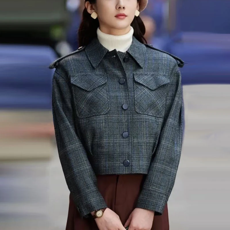 【商场同款】春秋百搭单排扣翻领格纹长袖短外套袁衣都舍1400378
