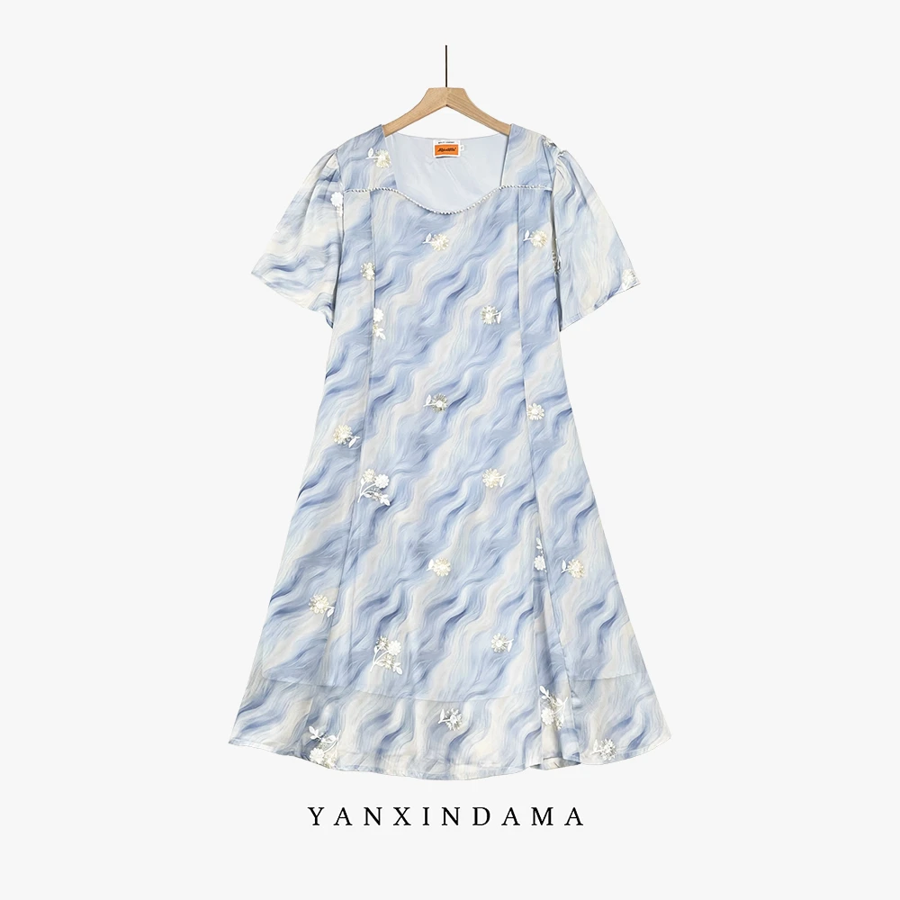 【岩心】大码女装300斤胖MM轻柔纱料刺绣仙女茶歇长款连衣裙1267#