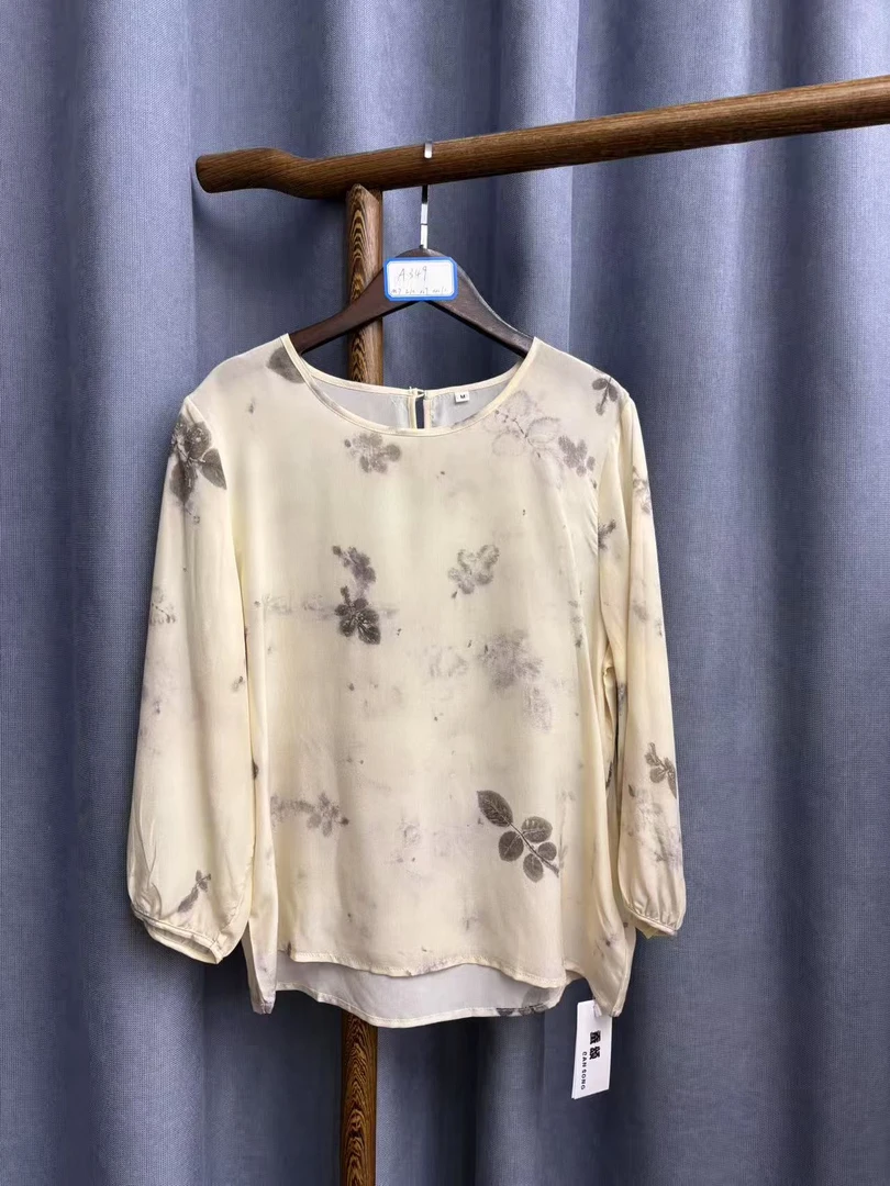 2025夏季新款休闲时尚圆领桑蚕丝双绉印花七分袖上衣女A349