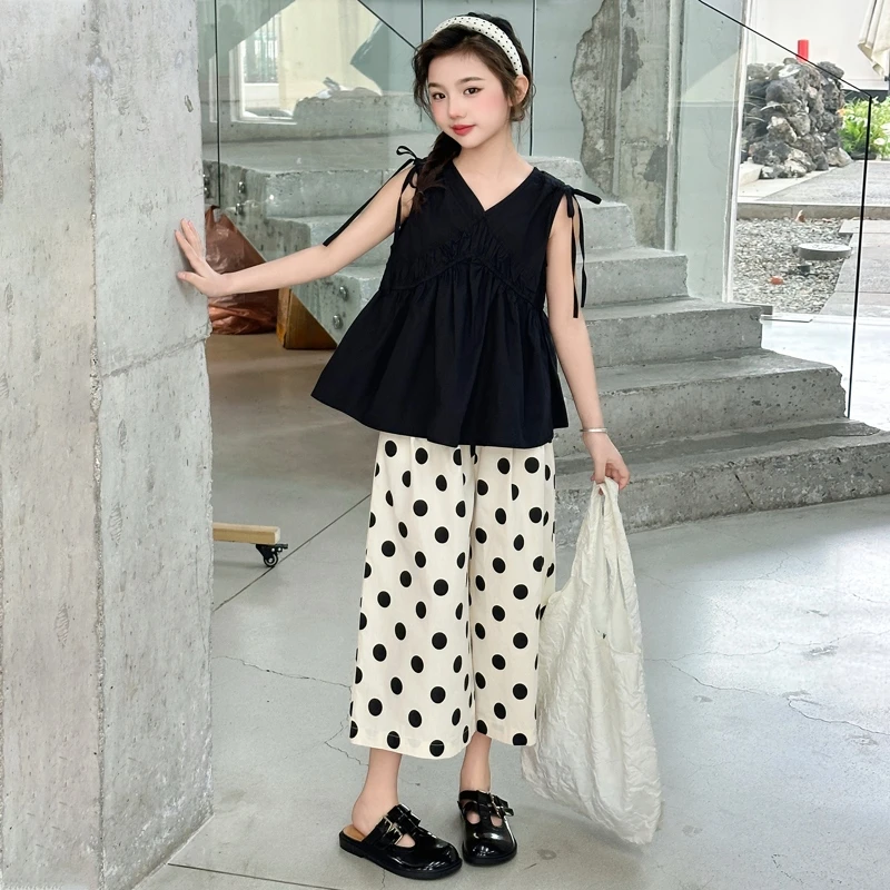 女童夏季甜美无袖套装2025新款中大儿童6-12岁15岁休闲宽松阔腿裤