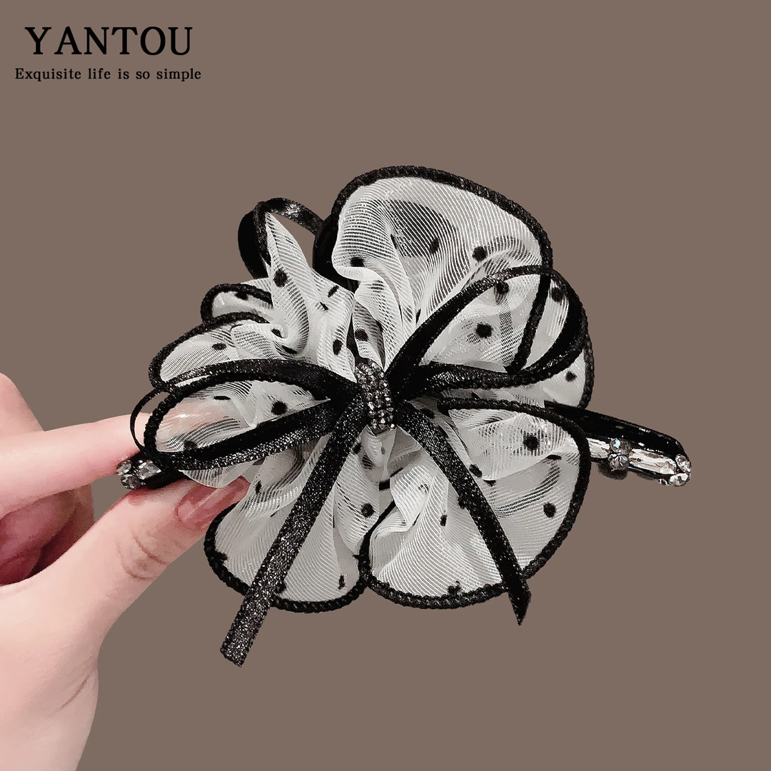 韩国时尚波点网纱蝴蝶结抓夹女百搭洋气后脑勺盘发鲨鱼夹马尾夹子