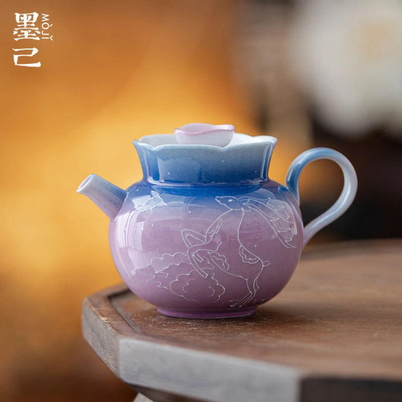 墨己梦幻渐变紫茶壶功夫茶具手绘有田烧鹿踏祥云球孔过滤陶瓷茶壶