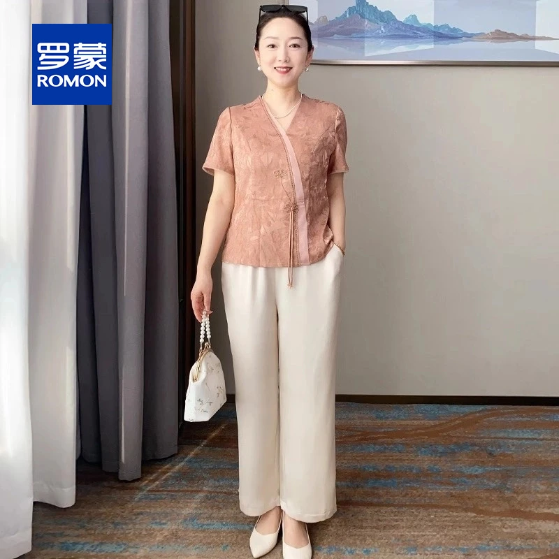 罗蒙洋气妈妈新中式短袖小衫套装夏季新款中年女气质上衣两件套