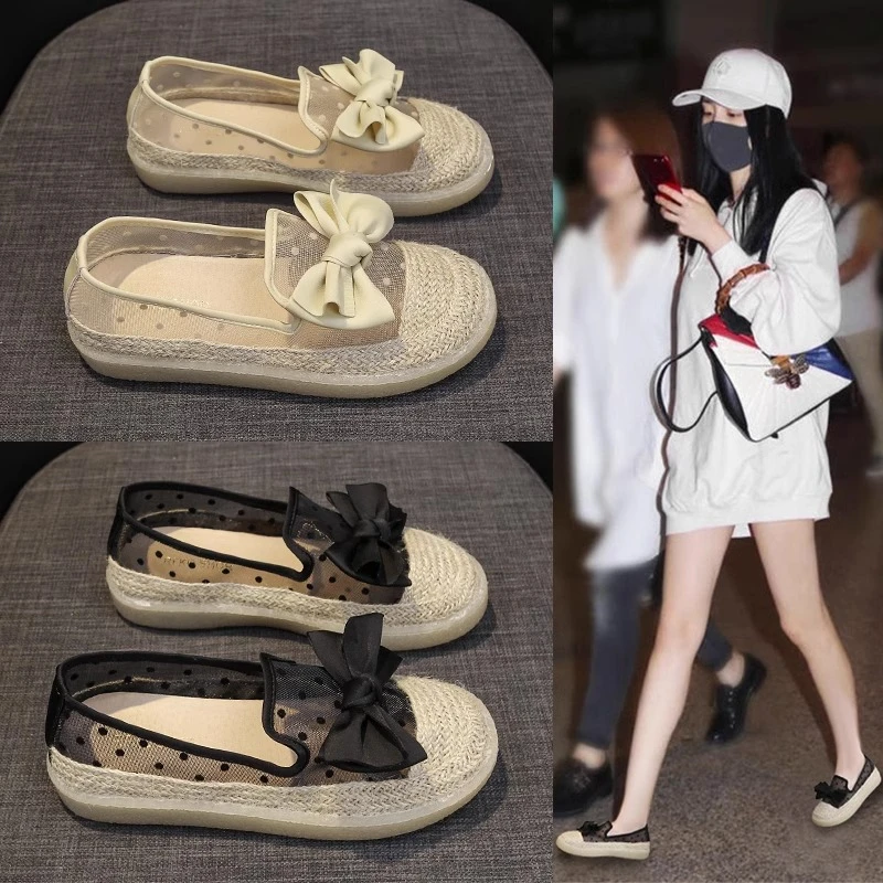 达芙妮集团仙女风蝴蝶结网纱渔夫鞋下2025新款透气一脚蹬乐福鞋