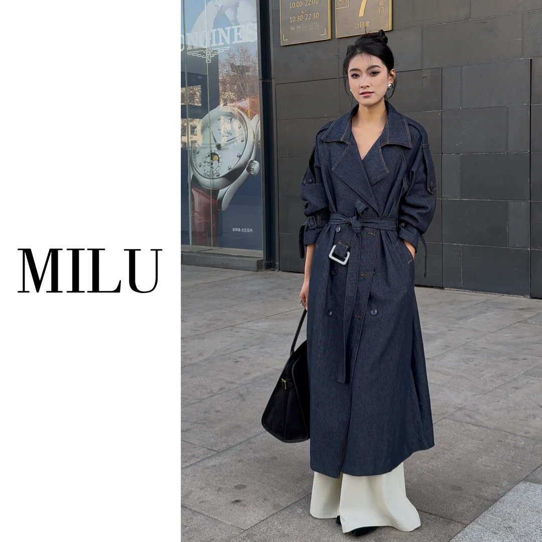 韩版复古高级感牛仔风衣外套女2025春季新款宽松收腰系带长款大衣