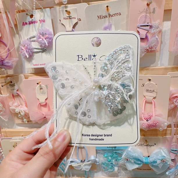 c0973-米白色亮片蝴蝶压夹（单只）【满15包邮发货】