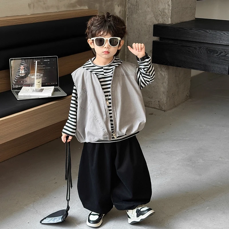 男童春秋套装2025新款韩版儿童秋装马甲三件套宝宝男孩酷帅衣服潮