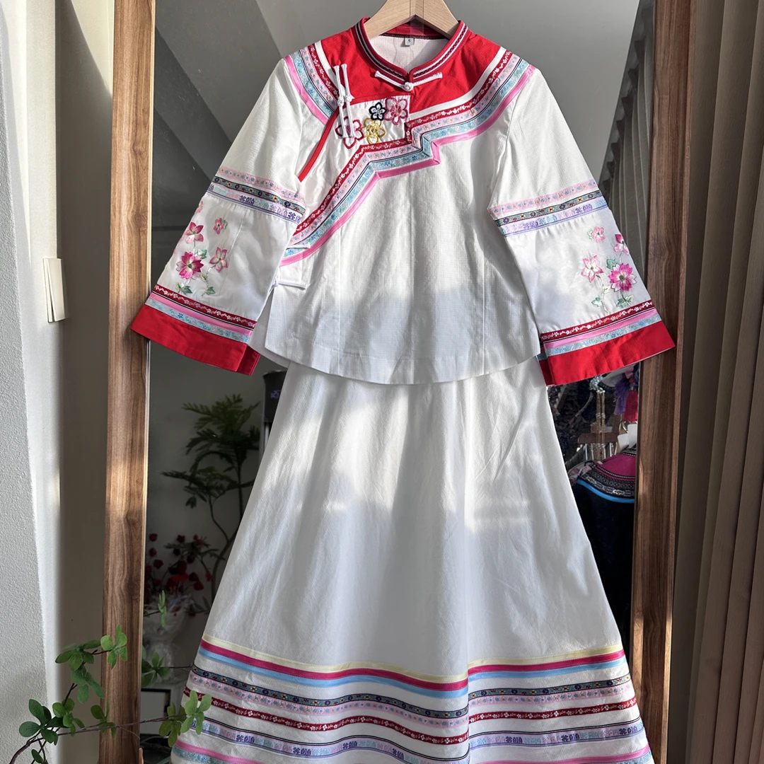 布依族壮族民族风夏季透气刺绣七分袖日常清新套装