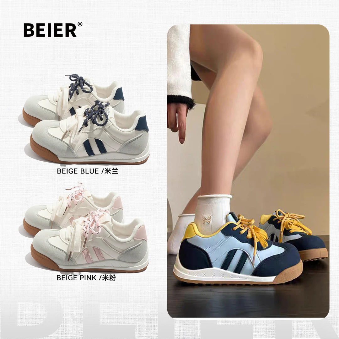 BEIER圆头复古德训鞋子女鞋2025秋季新款小白鞋学生休闲板鞋2705