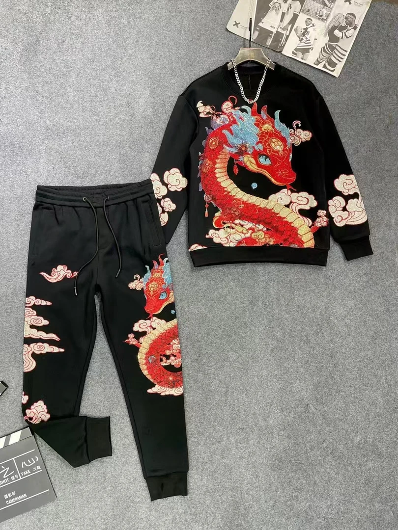 冬季网红新款黑红烫钻微阔蛇男女卫衣满钻圆领时尚休闲潮流一整套