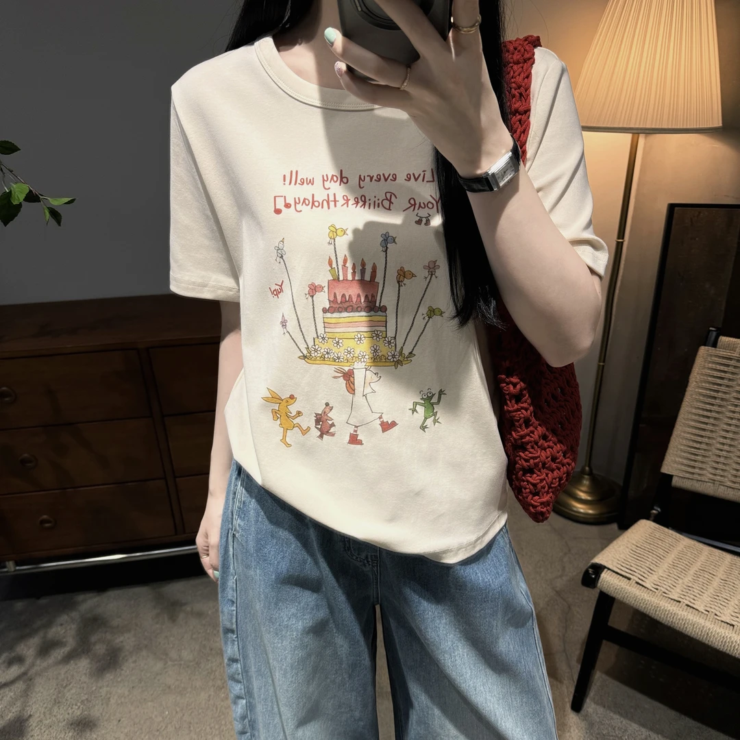 休闲时尚百搭简约甜美宽松舒适印花圆领短袖T恤-M25202325