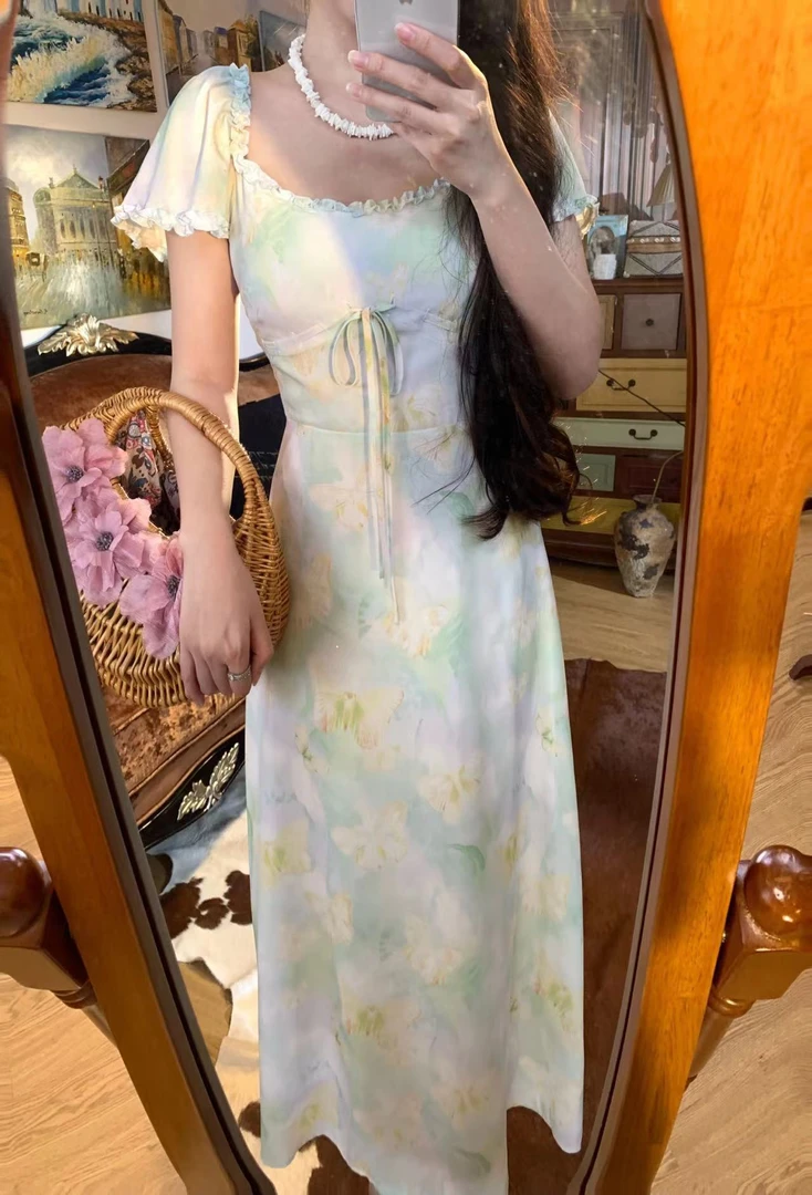 清仓《串绳正肩》夏季新款浅绿色正肩飞飞袖收腰显瘦气质连衣裙J137