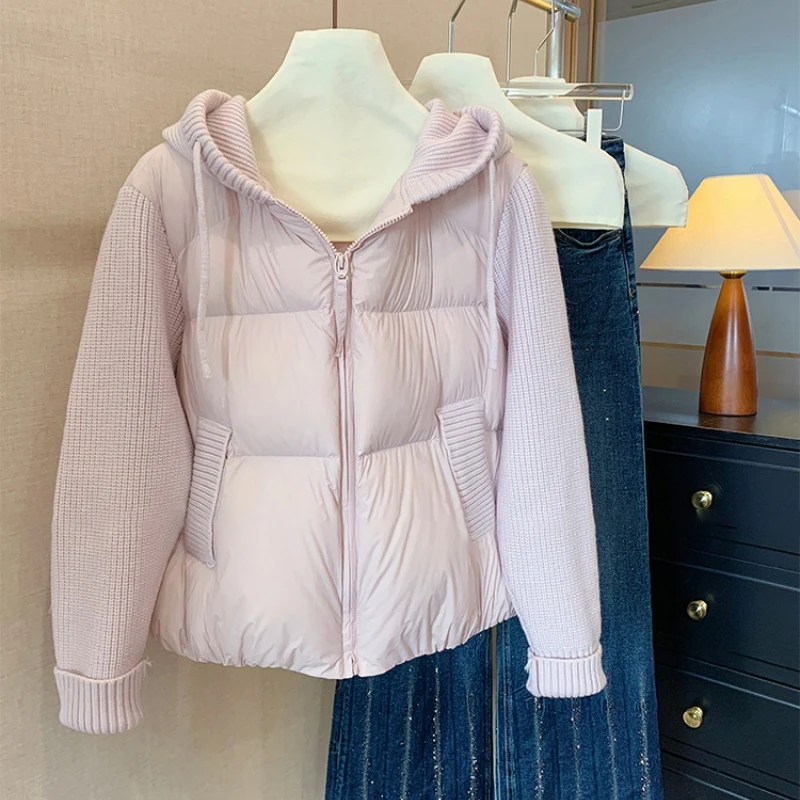 设计感甜美粉色针织拼接连帽棉服外套秋冬短款假两件显瘦百搭棉衣