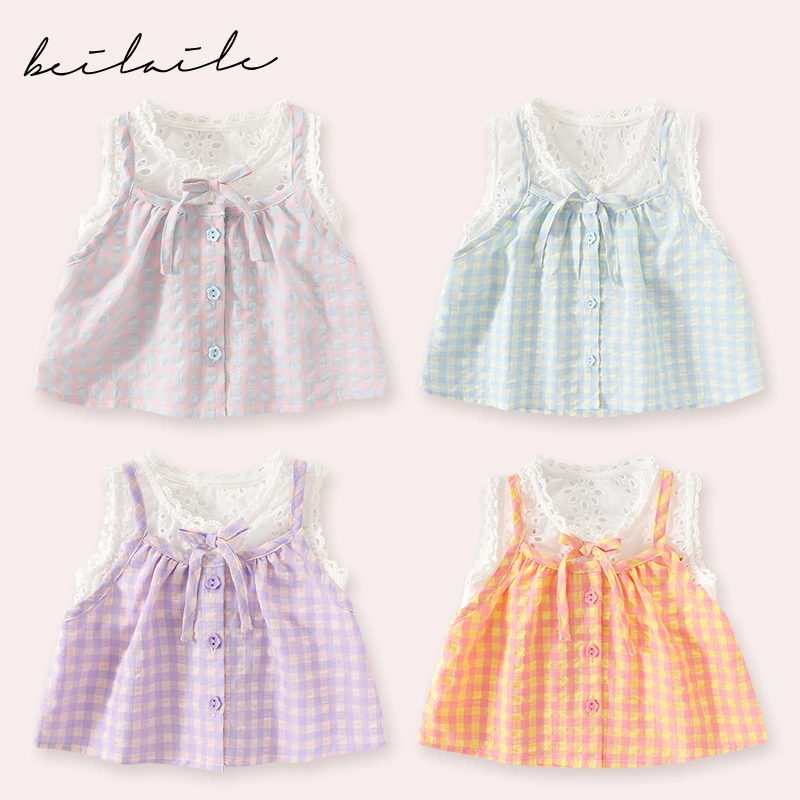 【格子镂空背心 小乐妈咪】婴儿装男女童背心T恤夏装0-1岁男宝宝D25