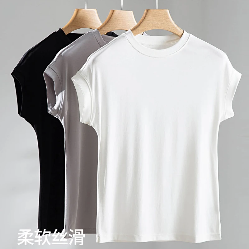 夏季新品莫代尔一体袖圆领短袖T恤宽松凉感休闲运动打底上衣