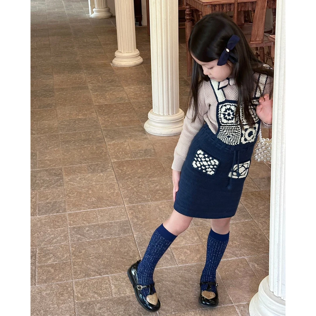 壹妈童装韩版女童小香风套装秋冬新款巨好看复古蓝色针织背带裙