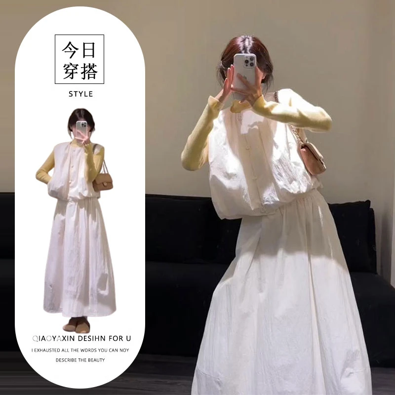 韩系温柔风穿搭套装女圆领宽松马甲内搭长袖毛衣高腰半身裙三件套