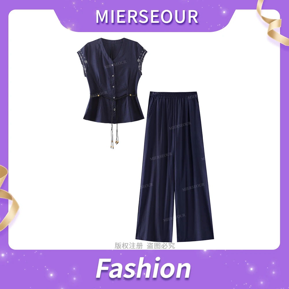 J2X9897-时尚套装女新款气质洋气V领重工刺绣上衣阔腿裤两件套装