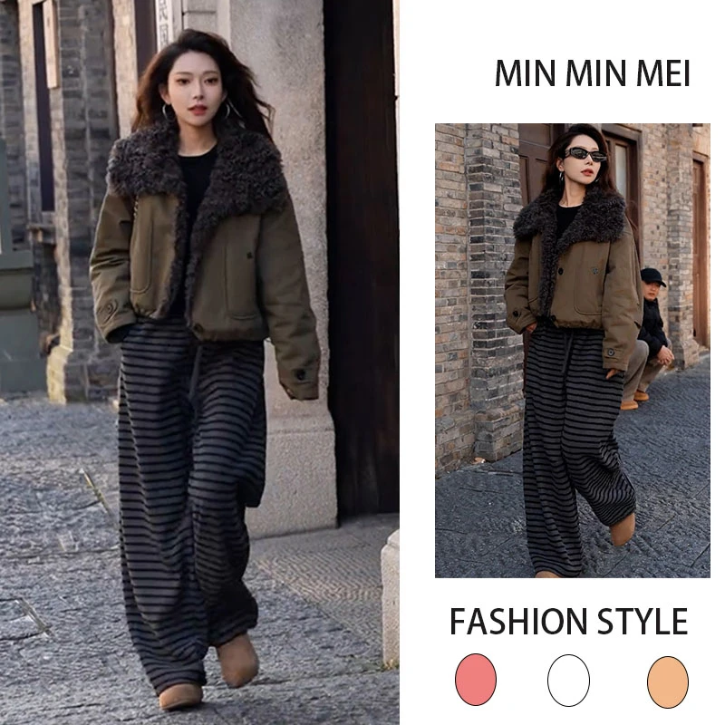 冬季保暖休闲套装网红炸街2025新款加绒加厚外套加绒条纹裤一整套
