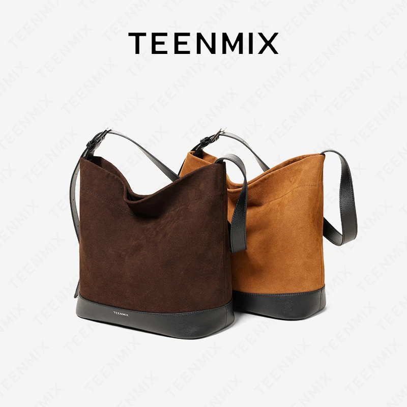 天美意包包女2025新款流光风牛皮水桶包托特包单肩斜挎包手提包潮